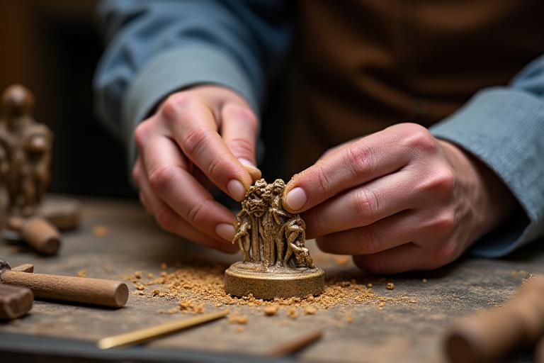 Artigiano meticoloso che lavora su una scultura in bronzo o legno in uno studio ben illuminato.